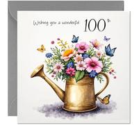 Lovely 100th Happy Birthday Card - Watering Can Birthday Card for 100 Year old hundredth hundred