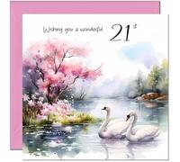 Lovely 21st Birthday Card for Women Female Ladies Elegant Watercolour Swans Birthday Card for 21 Year old woman twenty one, twenty first