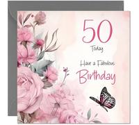 Lovely 50th Birthday Card - Beautiful Butterfly & Floral Pink Rose Birthday Card for 50 Year old womens fifty, fiftieth