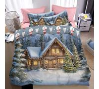 Lovely and charming cabin Duvet Cover Double Reversible Exquisite Christmas tree Bedding Duvet Cover with Zipper Closure for Kids Teens Adults,Soft Microfiber Xmas Bedding Set Double Size(Cream,3Pcs)
