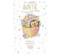 Lovely Auntie Birthday Card, Hedgehog Design, Floral Gold Foil Finish