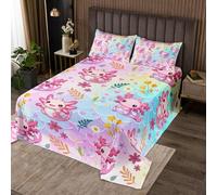 Lovely Axolotl Reptile Salamander Quilt Set Single Set for Kids Girls Boys, Mermaid Scale Gradient Rainbow Bedspread Cartoon Amphibious Animal Coverlet, Pink Princess Room Decor Bedding Quilted