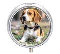 Lovely Beagle Pill Box 3 Compartment Travel Pill Organizer 3 Times A Day Cute Mini Pill Case for Purse & Pocket Portable Metal Medicine Box with Mirror Round Daily Medicine Vitamin Container