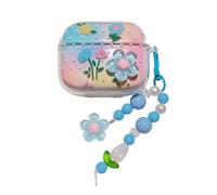 Lovely Blue Mini Flower Pattern Case for Oppo Enco Air4 Pro, Headphone Earphone Case Cover with Pendant Accessories