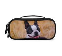 Lovely Boston Terrier Multi-Purpose Organiser Pouch with Handle Durable PU Leather Pen Pouch Portable Makeup Storage Bag for Travel Everyday Carry Desk Organisation 21x11x4.5cm Size