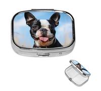 Lovely Boston Terrier Pill Case with Mirror Retro 2 Compartment Pill Box Small Pill Organizer for Purse or Pocket Decorative Metal Medicine Vitamin Organizer Unique Gifts
