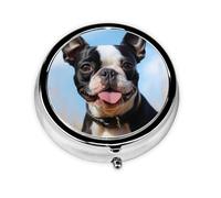 Lovely Boston Terrier Pill Case with Mirror Retro 3 Compartment Pill Box Small Pill Organizer for Purse or Pocket Decorative Metal Medicine Vitamin Organizer Unique Gifts