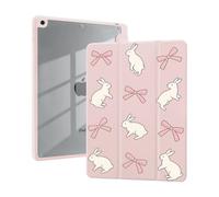 Lovely Bunny Cute Case for iPad 9th/7th/8th Generation(2021/2020/2019, 10.2 Inch) with Pencil Holder Cartoon Bow Pink Leather Girly Cover Clear Acrylic Back Auto Wake/Sleep