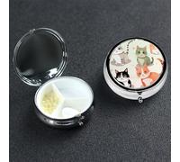 Lovely Cartoon Cats Pill Box with Mirror 3 Compartment Decorative Pill Case for Purse or Pocket Small Round Pill Organizer Weekly Metal Medicine Tablet Vitamin Holder Travel Gift