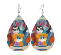Lovely Cartoon Cats Printed Dangle Leather Earrings, Reversible Statement Jewelry with Silver Plated Hooks