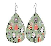 Lovely Cartoon Cats Printed Dangle Leather Earrings, Reversible Statement Jewelry with Silver Plated Hooks