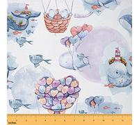 Lovely Cartoon Whale Fabric by The Yard Watercolor Fish Sea Creature Fabric for Girls Boys Kids Upholstery and Home DIY Projects Ocean Theme Underwater World Fabric for Sewing Hobby,1 Yard