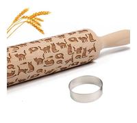 Lovely Cat Embossed Rolling Pins for Baking Cookies + Basting Brush + Cookie Cutters + Recipes Embossing Rolling Pin Animal Wood for Pies Laser Engraved Rolling Pin 3D Embossed Dough Roller Christmas