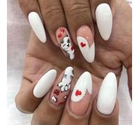Lovely Cats Press On Nails Glossy False Nails White Almond Shape Full Covers Stick On Nails Heart Acrylic Nails