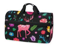 Lovely Colorful Elk with Flowers Travel Duffel Bag for Men Women Boys Girls Teens,Oversized Sports Gym Bag with Shoes Compartment Overnight Weekend Yoga Workout Bag Training Handbag