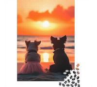 Lovely Couple Dogs watching sunset on the bea Jigsaw Puzzle, 1000 Piece