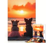 Lovely Couple Dogs Watching Sunset on The Beach Jigsaw Puzzle 1000 Piece for Adults Mind Exercise Stress Relief Family Play Birthday Idea (50x75cm)