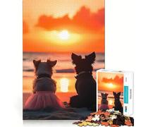 Lovely Couple Dogs Watching Sunset on The Beach Jigsaw Puzzle 1000 Piece for Adults Mind Exercise Stress Relief Family Play Birthday Idea (50x75cm)