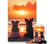 Lovely Couple Dogs Watching Sunset on The Beach Puzzle for Teenagers 1000 Pieces Mind Logic Premium Print Family Game Christmas Surprise (38x26cm)