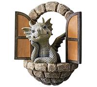 Lovely Courtyard Dinosaur Sculpture Wall Decoration, Weatherproof Resin Statue Miniatures Little Dragon Meditating in Front of The Window Craft Micro Landscape for Patio Yard Garden Wall Decoration