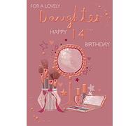 Lovely Daughter' 14th Birthday Card - Age 14 - Make Up, Mirror, Brushes & Stars Embossed with Foil and Flitter Details - Made in the UK by International Cards & Gifts
