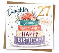 Lovely Daughter 27th Birthday Card, Floral Cake Design with Wishing You a Very Happy Birthday Message, With Love