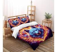 Lovely Flaming Wolf Bedding Set 3D Design Flaming Heart Wolf Duvet Cover Set Chic Breathable Comforter Cover Suitable for Family,couple,children Pillowcase Double(200x200cm)