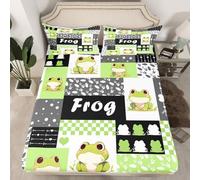 Lovely Frog Bed Sheet Set Cartoon Nature Wild Animal Silhouette Sheet Sets Deep Pocket(No Flat Sheet),Geometric Green Gray Black Plaids Patchwork Mattress Cover,Single with 1 Pillowcase