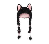 Lovely Furry Cat Ear Beanie Hat with Braided Tassels Plush Faux Fur Hood Cute Animal Fox Ears Winter Warm Cap for Halloween Party Cosplay Costume Head Accessories