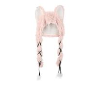 Lovely Furry Cat Ear Beanie Hat with Braided Tassels Plush Faux Fur Hood Cute Animal Fox Ears Winter Warm Cap for Halloween Party Cosplay Costume Head Accessories