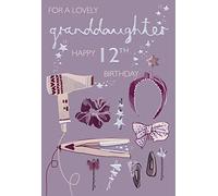 Lovely Granddaughter' 12th Birthday Card - Age 12 - Hair Accessories & Gold Stars Embossed with Foil and Flitter Details - Made in the UK by International Cards & Gifts