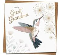 Lovely Great Grandma Hummingbird Greeting Card - 145mm x 145mm Square - Floral Design - Birthday or Mother’s Day - Blank Inside - Includes Kraft Envelope