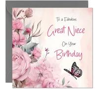 Lovely Great Niece Birthday Card - Beautiful Butterfly & Floral Pink Rose Birthday Cards for Great Niece