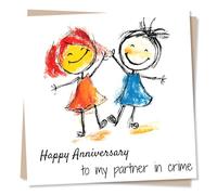 Lovely Happy Anniversary Card For Partner - To My Partner In Crime - Cartoon, Illustration, Playful and Colourful - For Husband, Wife, Girlfriend, Boyfriend