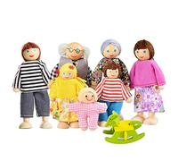 Lovely Happy Family Dolls Playset Wooden Figures Set Age 3+ of 7 People for Kids Children Toddlers - Dollhouse Pretend Gift
