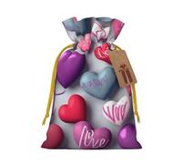 Lovely Hearts Printed Christmas Drawstring Bags Reusable Bag for Christmas Party Xmas Gift Wrapping, Yellow Ribbon, S