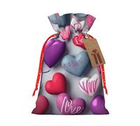 Lovely Hearts Printed Christmas Drawstring Bags Reusable Bag for Party Xmas Gift Wrapping, Red Christmas Ribbon, S