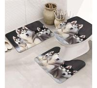 Lovely husky Printed Flannel Anti-Slip Bath Mat Set of 3-80x50cm | Bathroom Rug Set - Bath Mat + U-Shaped Pedestal Mat + O-Shaped Toilet Seat Cover
