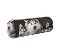 Lovely Husky Printed Leather Pencil Case Cute Stationery Organizer Round Makeup Bag Pen Pouch, Gold Zipper