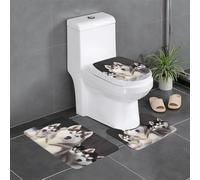 Lovely husky Printed Printed Flannel Anti-Slip Bath Mat Set of 3-60x40cm | Bathroom Rug Set - Bath Mat + U-Shaped Pedestal Mat + O-Shaped Toilet Seat Cover