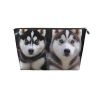 Lovely Husky Printed Toiletry Bag for Women Girl Portable Travel Cosmetic Bag Leather Makeup Pouch Organizer with Gold Zipper