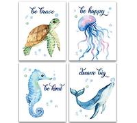 Lovely Inspirational Words Texture of Dreams Watercolor Sea marine life Art Print Set of 4 (8”X10”), Sea Turtle Seahorse fish whale Jellyfish Wall Poster, Blue Ocean Theme Nursery Kids Room Wall Decor