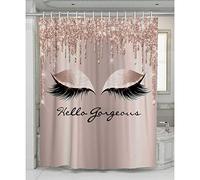 Lovely Lashes Drips Makeup Decorative Print Bath Curtain (No Glitter) Hello Gorgeous Light Rose Gold Shower Curtain For Cute Girl Bathroom Decor Waterproof Polyester Fabricch With Hooks 180X180cm