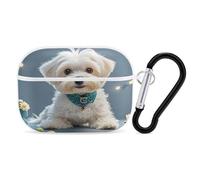 Lovely Maltese Dog Earbuds Organizer Shockproof Protective Airpods Pro Cover with Carabiner Clip Anti Fall Carrying Earphone Case Cover for Airpods Pro 2nd Generation White