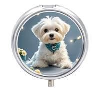 Lovely Maltese Dog Pill Box 3 Compartment Travel Pill Organizer with Small Mirror Portable Pillcase for Pocket & Purse Cute Round Medicine Case Weekly Medicine Container