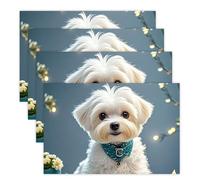 Lovely Maltese Dog Placemats 30x45cm*4 Linen Heat Resistant Placemats Waterproof Table Place Mats Washable Wipeable Outdoor Placemat for Kitchen Dining Room Table Decorations