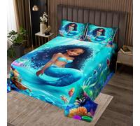 Lovely Mermaid Kids Bedspread Double Size,Aquatic Plants Coral Fish Coverlet Set,Girls Boys Room Decor,Cute Cartoon Dreamy Quilted Coverlet,Teal Colorful Bedding Quilt,2 Pillowcases