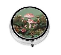 Lovely Mushroom Garden Pill Box Metal Round Small Pill Case Cute 3 Compartment Pill Organizer Portable Travel Pillbox Mini Pill Container Holder for Daily Medicine Supplement Vitamin