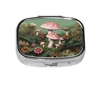 Lovely Mushroom Garden Print Pill Box Square Pill Case 2 Compartment Small Metal Medicine Organizer Portable Travel Pillbox for Pocket Purse Cute Mini Pill Container to Hold Daily Vitamins