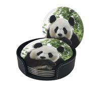 Lovely Panda Print Coasters For Drinks With Holder Set Of 6, Pu Leather Coasters Drink Coasters Cup Pad Mats